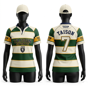 Women Rugby Jersey 240 GSM Polyester Interlock Fabric Green Cream Stripe Panel Design Embroidery Sublimation Custom Logo - Product Image 1