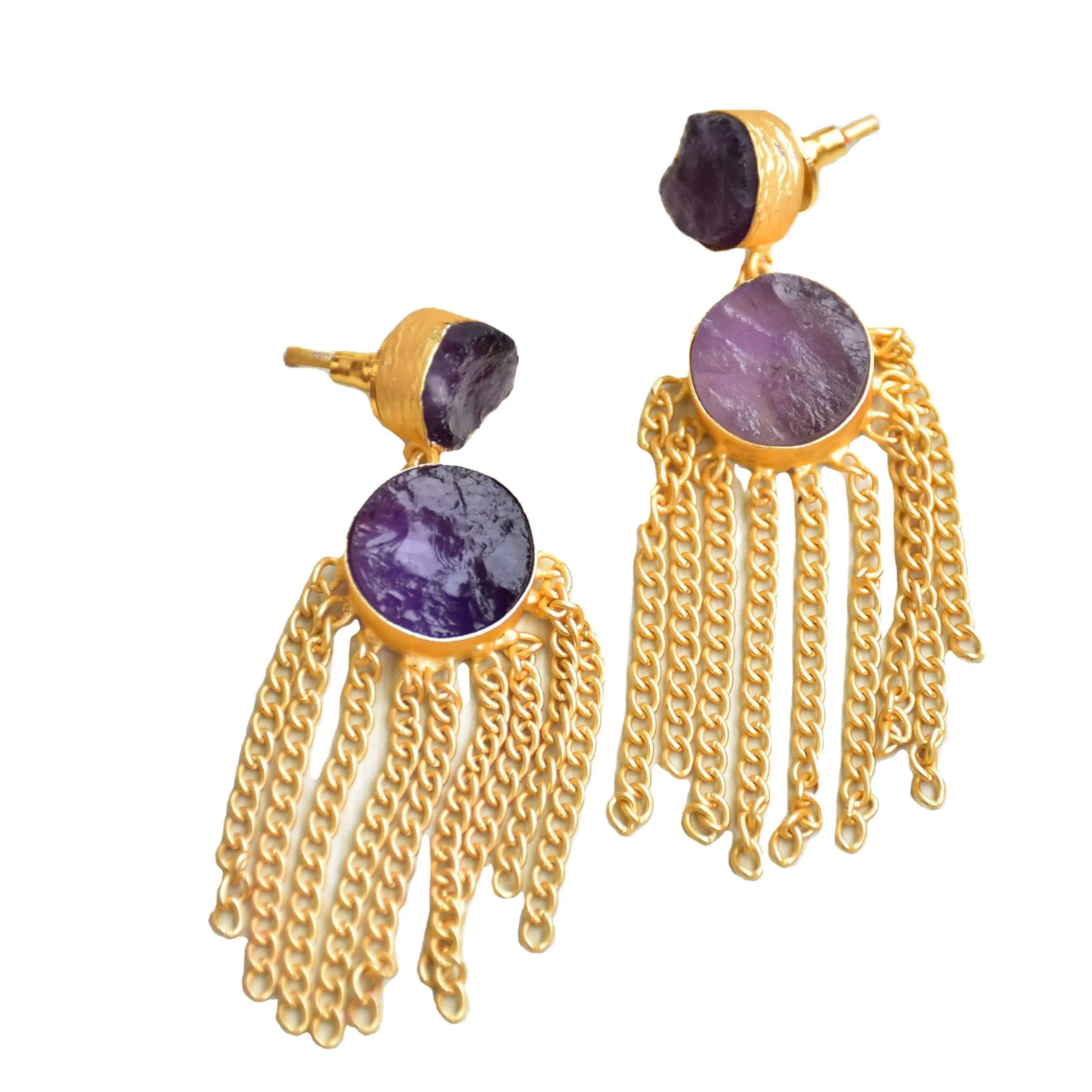 Amethyst drop Earrings Chain dangle raw gemstone jewellery purple crystal jewelry manufacturers and suppliers