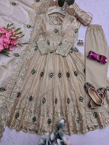 Robe Anarkali en soie brodée LAMOUNT, ornée de paillettes, entièrement cousue, ensemble ethnique 3 pièces pour femmes, séchage rapide - Product Image 3
