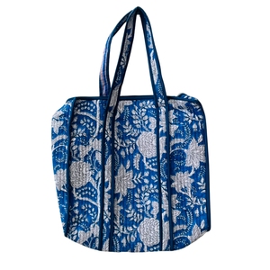Indigo Blue Hand Block Printed Zipper Closure <b>Foldable</b> Eco-friendly <b>Beach</b> Shopper Tote <b>Bag</b> - Product Image 1