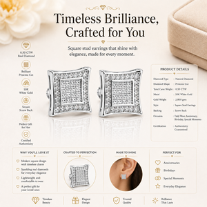 0.50 CTW Real Diamond Stud Earrings | 10K <b>White</b> Gold <b>Square</b> Earrings | Prong Set Diamond Studs | Screw Back Secure Women Jewelry - Product Image 5