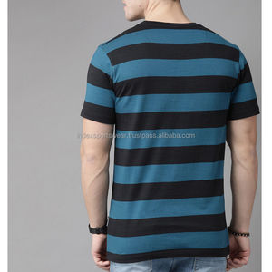 เสื้อยืดแขนสั้นคอกลมลายทางผู้ชาย ทรงปกติ ผ้าถัก สไตล์ลำลอง สีน้ำเงินดำ ลายพิมพ์ - Product Image 4