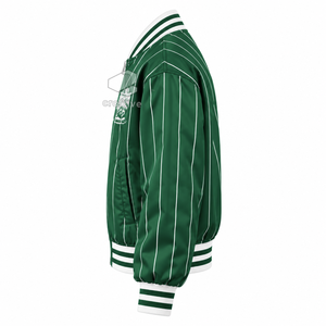 Chaqueta Universitaria de Satén a Rayas Verdes y Blancas para Mujer de la Hermandad Iota Phi Lambda, Chaqueta Letterman con Cierre y Letras Griegas Bordadas - Product Image 3