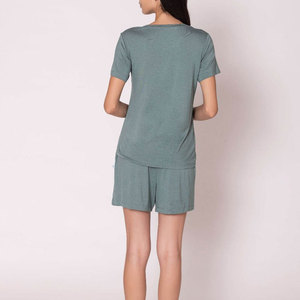 Conjunto de 2 Piezas de Shorts de Punto para Mujer, Manga Corta, Cuello Redondo, Corte Regular, Transpirable, Casual, para Todas las Temporadas, Verde Sólido, Estilo Urbano - Product Image 3