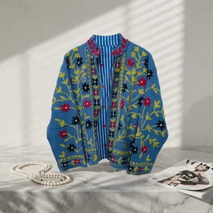 Chaqueta de Lana Bordada a Mano con Diseño Floral Azul, Cuello Alto, Manga Larga, Abrigo Elegante de Primavera para Mujer - Product Image 2