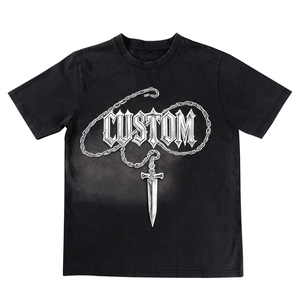 Custom Regular Fit Knitted Heavyweight 100% Cotton Black <b>Shirt</b> Washed Vintage Distressed Rhinestone Heat-Transfer Printing Blank - Product Image 5