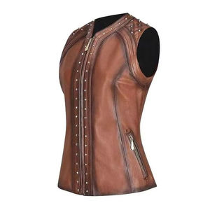 Women's <b>Leather</b> Motorcycle Vest Vintage Style <b>Sleeveless</b> Outerwear Waterproof Windproof Casual Fashion With Pockets - Product Image 3