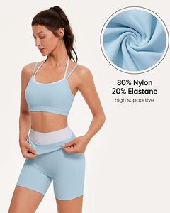 Light Blue Yoga Set Women 2 Piece Spaghetti Strap <b>Crop</b> <b>Top</b> High Waist Shorts Seamless Breathable Solid Color Workout Outfit - Product Image 4