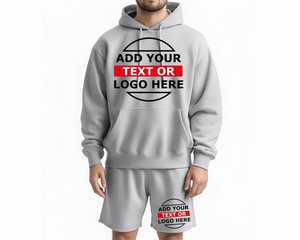Ensemble sweat à capuche et short noir pour homme, impression personnalisée du logo au dos, transfert thermique, coton French Terry, vêtements décontractés pour l'automne - Product Image 3