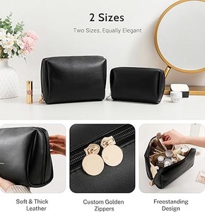 Pochette de voyage en cuir véritable pour accessoires, trousse de maquillage zippée, sac de toilette pour femmes et hommes - Product Image 3