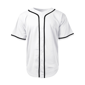 <b>White</b> Baseball Jersey With Black Trim Short Sleeve <b>Button</b> Front Unisex Adult Regular Fit Breathable Polyester Sport Apparel - Product Image 1