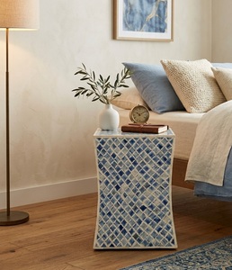 Bone Inlay Velvet Accent <b>Stool</b> Mosaic Ottoman Side <b>Table</b> Curved Backed Seat Bedside Ottoman for Living Room Bedroom Hotel - Product Image 2