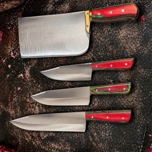 Ensemble de couteaux de boucher Qurbani DR 4 pièces, lames en acier carbone argenté, manches rouges et verts, hachoir à viande robuste, kit d'outils de découpe - Product Image 6
