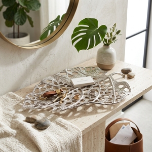 Plateau décoratif mural en aluminium moulé à la main, motif feuille d'argent, 93 cm, sculpture métallique creuse pour entrée et salon - Product Image 4