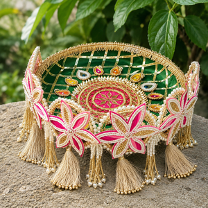 Handmade Decorative <b>Wedding</b> Basket With Pearl Bead Tassel Floral Design Green Gold Festive Gift Tray Decor - Product Image 6