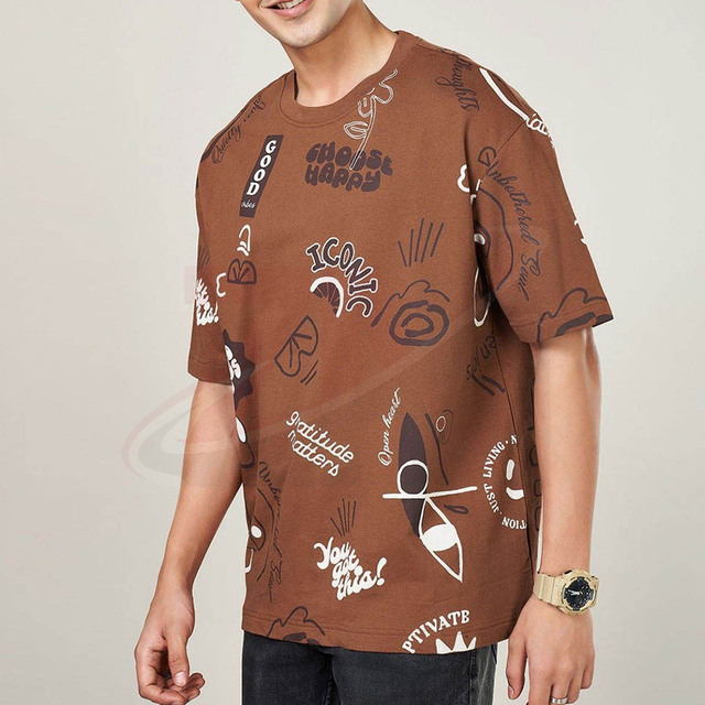 Cotton Graphic Tee for Men Casual Summer Wear Brown Oversized Graffiti Print T-Shirt Streetwear Hip Hop Custom Brand For Men's