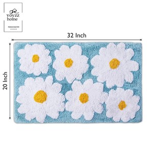 Floral <b>Bath</b> <b>Mat</b> Cotton Tufted Rectangle Non-Slip Rubber Backing Blue White Daisy Pattern Home Use - Product Image 3