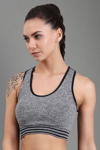 Soutien-gorge de sport gris marbré pour femme avec bordure noire et ourlet rayé, haut d'entraînement sans couture pour le yoga et la gym - Product Image 4