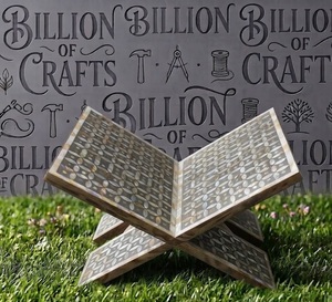 Rehal pliant en bois de luxe fait main avec incrustation de nacre, support pour livre sacré et plateau à motifs étoilés complexes - Product Image 4