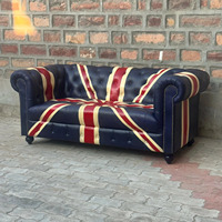 Canapé en cuir de luxe avec motif Union Jack, capitonnage profond, accoudoirs roulés, style vintage, pour salon, structure en bois, écologique