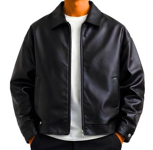 Veste en cuir noir de qualité supérieure pour homme, col rabattu, fermeture éclair, pour l'automne - Product Image 4