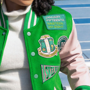 <b>Pink</b> Green Patch Leather Varsity <b>Jacket</b> Women Embroidered College Bomber Coat Casual Streetwear Fashion Outerwear - Product Image 3