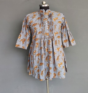 Đầy Màu Sắc Bohemian Ăn Mặc Ấn Độ Mới Thiết Kế Thời Trang <span class=keywords><strong>Kurti</strong></span> Cô Gái Hàng Đầu Thủ Công Khối In Áo Của Phụ Nữ Bông Ăn Mặc - Product Image 5
