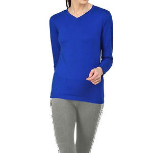 T-shirt à manches longues col en V bleu royal pour femme, 100% coton tricoté, coupe ajustée, couleur unie, décontracté, toutes saisons - Product Image 3