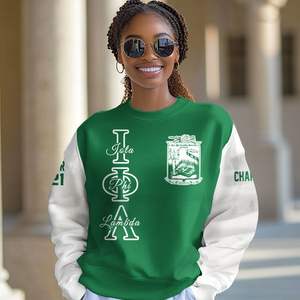 Sudadera Universitaria Personalizada Iota Phi Lambda, Verde Esmeralda y Blanco, con el Escudo de la Hermandad Griega, Desde 1929, para Mujer - Product Image 1