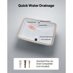 Lavabo Rettangolare in Ceramica Bianca da Incasso 20.87 X 14.76 Pollici con Foro di Troppopieno, Montaggio a Incasso sul Piano - Product Image 5