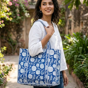 Cotton Quilted <b>Boho</b> Floral Hand Block Printed Sustainable Tote <b>Bag</b> for Women-Beach Travel & Gift Use, Christmas Gifts, Wedding - Product Image 1
