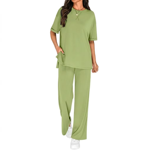 Ensemble en cordon vert asymétrique pour femme, en pur chiffon avec boutons - Product Image 1