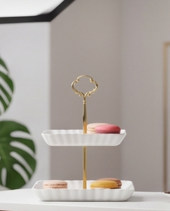 Modern White Metal 2 <b>Tier</b> <b>Cake</b> <b>Stand</b> Gold Stem Ornate Scroll Handle Rectangular Dessert Display Tray Party Table Decor - Product Image 1