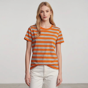 <b>Women's</b> Orange Gray Striped Crew Neck Short Sleeve <b>T</b>-<b>Shirt</b> Regular Fit Knitted Cotton Casual Spring Summer Top Spring Bangladesh - Product Image 5