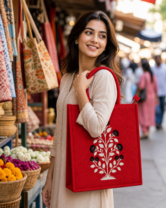 Sac fourre-tout en jute rouge avec impression à la main bicolore, fermeture éclair, sac de shopping réutilisable écologique - Product Image 5