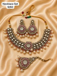 Gold Plated Zinc Alloy Imitation <b>Pearl</b> Kundan Bridal Wedding <b>Jewelry</b> <b>Set</b> Choker Necklace Drop Earrings Tikka High Quality Latest - Product Image 2
