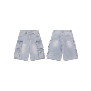 High Waist Black Denim Shorts With White Embroidered Letter Logo Streetwear Style Summer Casual Fit Regular Straight Leg - Product Image 2