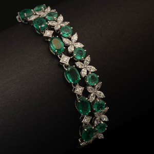 2.23 CTW Round Marquise Diamond <b>Botanical</b> Bracelet with Green Gemstones in 14K White Gold Elegant Nature Inspired Jewelry - Product Image 1