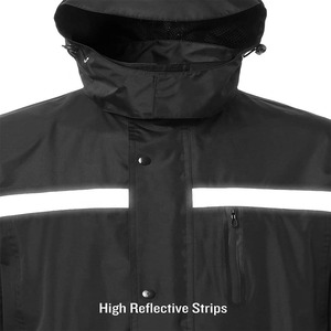 Traje de lluvia negro para hombre con tiras reflectantes, chaqueta con capucha y pantalones, conjunto impermeable para exteriores - Product Image 3