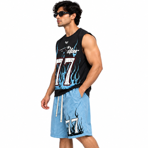 Trendy <b>Men's</b> Blue Graphic Print Basketball Shorts Set <b>Black</b> Sleeveless Oversized <b>Tank</b> <b>Top</b> Custom Sportswear <b>Tops</b> OEM Wholesale - Product Image 3