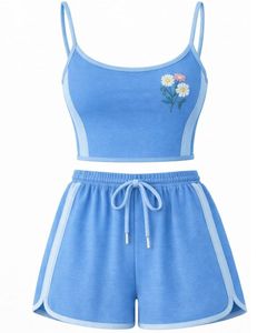 Sky Blue Light Blue Women Camisole And Shorts <b>Set</b> Summer Two Piece Outfit Cotton Blend Crop Top Floral Print Drawstring Shorts - Product Image 1