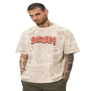 Camiseta de Hombre, Talla Grande, Color Beige, Manga Corta, Cuello Redondo, Estampado Gráfico Completo, Estilo Urbano - Product Image 1