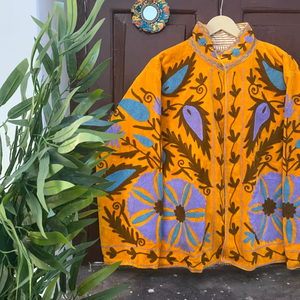 Bohemian Suzani Velvet <b>Jacket</b> Women Orange Floral Embroidery Statement <b>Jacket</b> Ethnic Style - Product Image 1