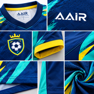 ชุดเสื้อฟุตบอลแบบซับลิเมชั่นสั่งทำพิเศษ AAIR คอวี แขนสั้น สีฟ้าอมเขียวเหลือง ลายเรขาคณิต สำหรับทุกเพศ ผลิตจากโพลีเอสเตอร์ 100% แห้งเร็ว - Product Image 5