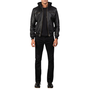 Blouson bomber en cuir noir pour homme, coupe ajustée, fermeture éclair, style motard - Product Image 1