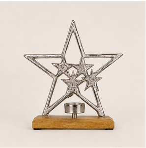 Porte-bougie à la bougie tealight en métal argenté moderne en forme d'étoile dans une étoile, sur base en bois de manguier rustique, décor de table céleste artisanal. - Product Image 5
