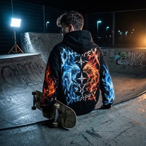 Men's <b>Black</b> <b>Hoodie</b> Ice Fire Dragon Print Oversized Streetwear Sweatshirt Cotton Pullover Custom Embroidery <b>Hoodie</b> Wholesale - Product Image 4