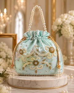Handmade Mint <b>Green</b> Silk Potli <b>Purse</b> with Pearl Needle Work and Gold Embroidery Floral Design Wedding By AALIYAN IMPE - Product Image 2