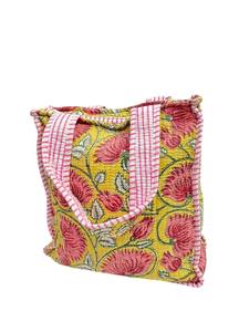 Yellow Floral Cotton Shoulder <b>Bag</b> With Pink Piping | High Quality Hand Block Print Small Tote <b>Bag</b> Zipper Handmade Masterpiece - Product Image 3