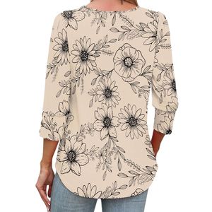 Custom Beige Botanical Leaf Women Chiffon <b>Top</b> Fine Quality Lightweight <b>Flowy</b> Woven Three Quarter Sleeve Split V Neck T Shirts - Product Image 2